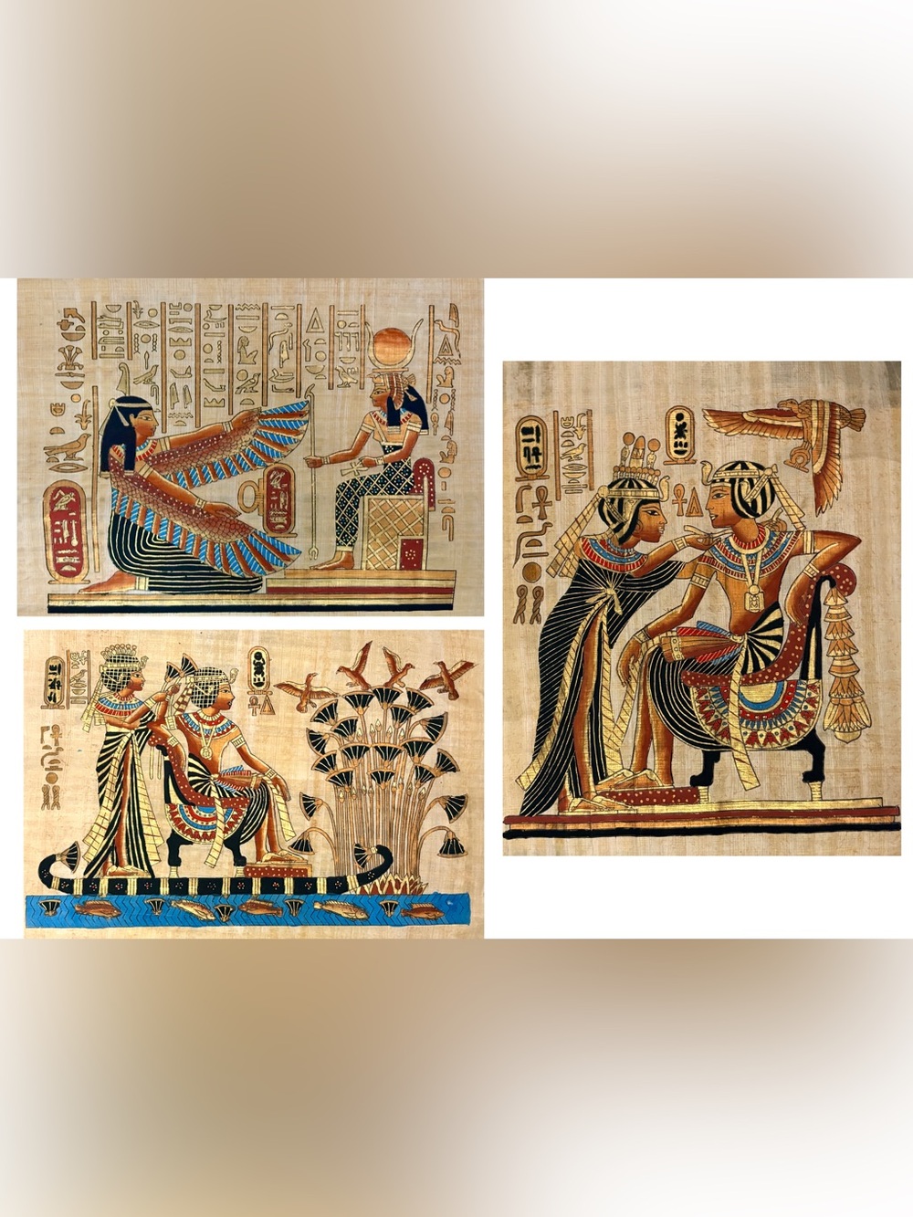 Set of 3 Large Egyptian Papyrus Art - Black, Gold & Blue Hieroglyphs 17”x13”